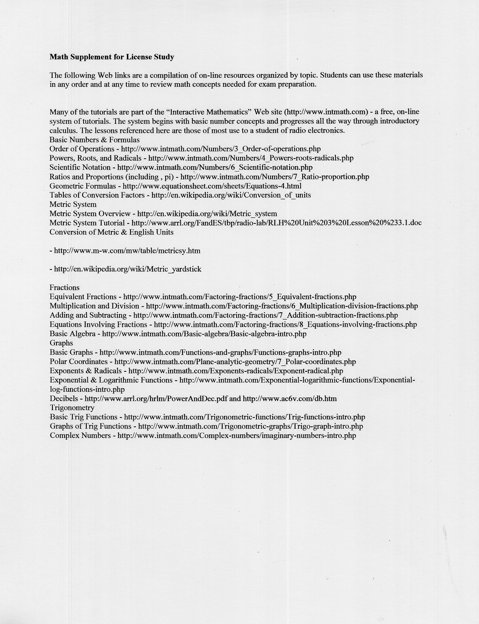 Math Supplement for License Study
